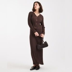 SHEIN Brown Ribbed Knit Cardigan and Maxi Skirt Set